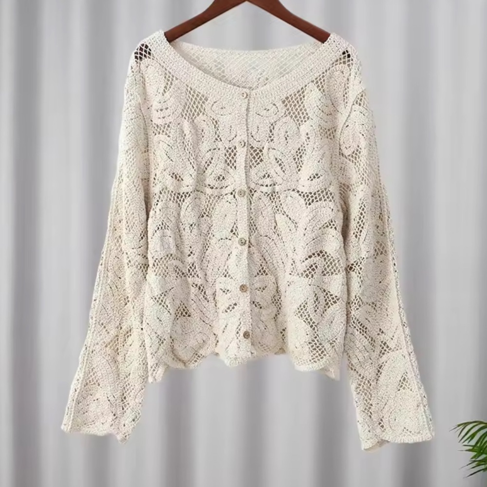 Floral Crochet Top long sleeve button up Crochet cream khaki Beige beach summer - Picture 3 of 5